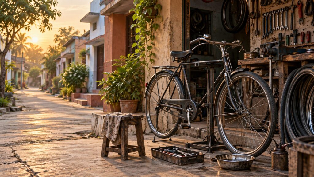 Illustrative residential lane and bicycle repair workshop representing local household livelihoods.