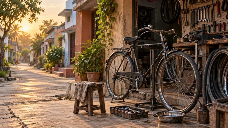 Illustrative residential lane and bicycle repair workshop representing local household livelihoods.