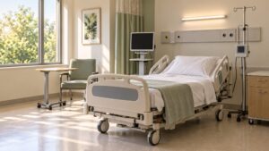 Illustrative hospital critical-care room with an empty bed, bedside equipment and soft daylight.