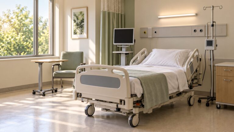 Illustrative hospital critical-care room with an empty bed, bedside equipment and soft daylight.