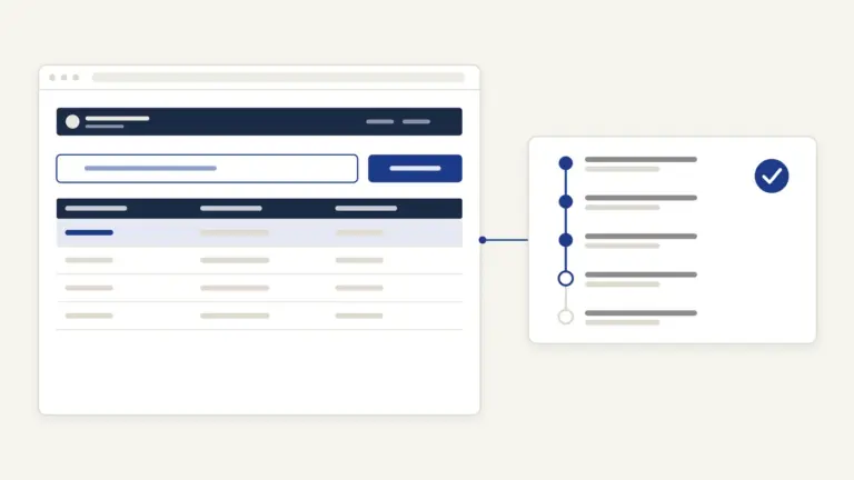 Illustration of a beneficiary portal linked to a payment status timeline with a verified check
