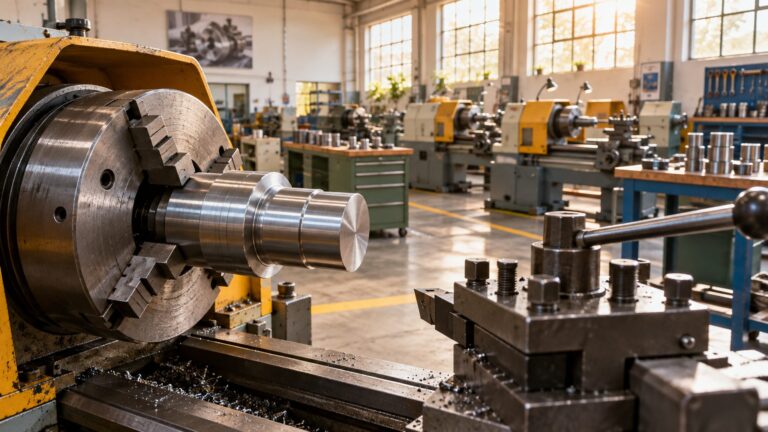 An unmarked lathe and metal workpiece in a sunlit vocational training workshop