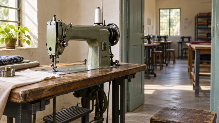 Illustrative vocational workshop with a sewing machine and accessible classroom doorway