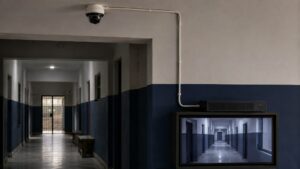 A functioning CCTV and recording system in a police-station corridor