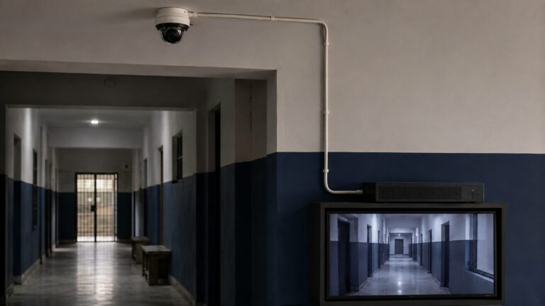 A functioning CCTV and recording system in a police-station corridor