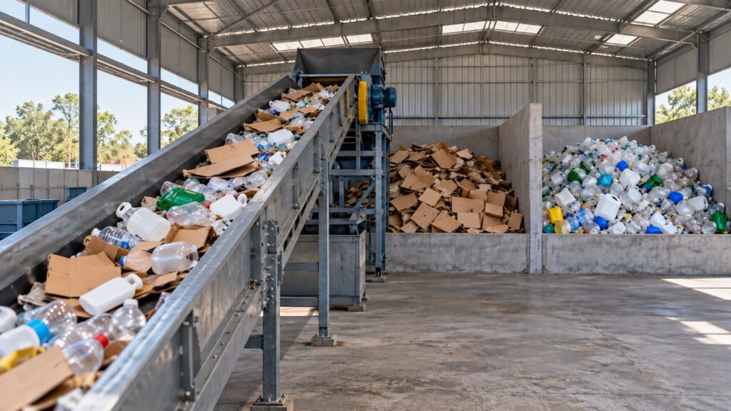 Illustrative municipal sorting facility with a conveyor and separated recyclable materials