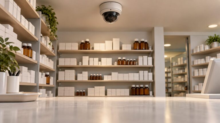 Illustrative pharmacy interior with a ceiling CCTV camera; the proposed rule is not depicted as an existing legal requirement.