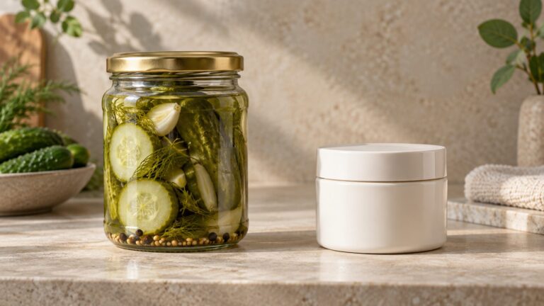 Closed pickle jar and unlabelled cosmetic jar on a stone surface