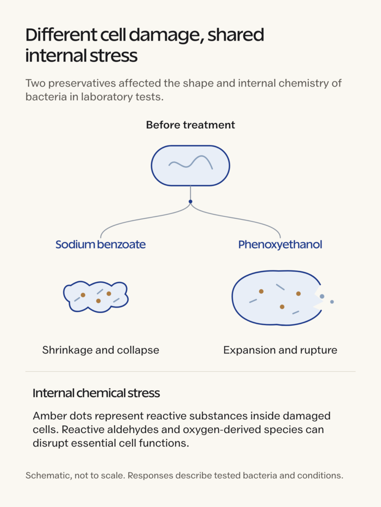 Schematic comparison of sodium benzoate shrinkage and phenoxyethanol rupture, with internal chemical stress in both treated cells