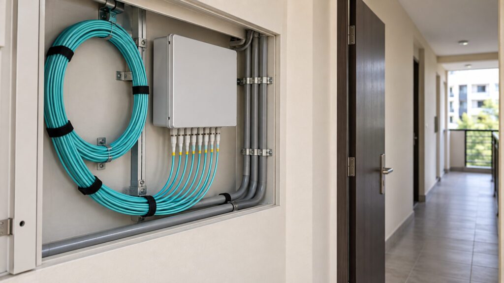 Illustration of fibre cabling and a distribution enclosure within a building service alcove.