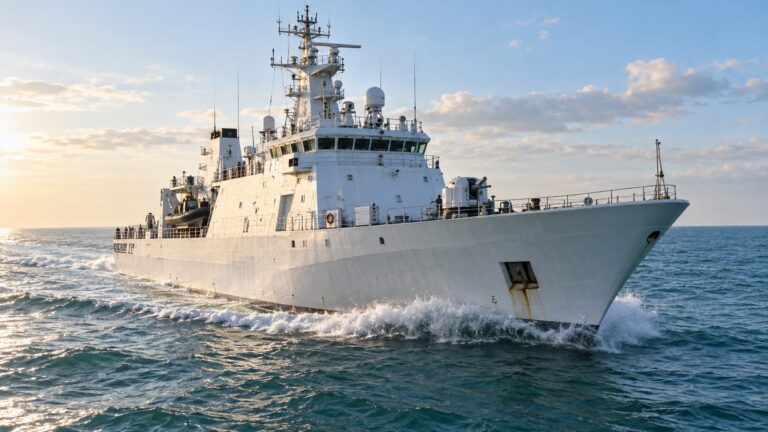 Illustrative offshore patrol ship travelling through open sea
