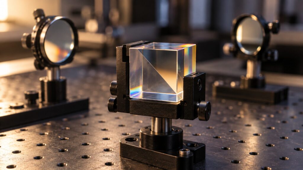 Illustrative optical bench with a beam splitter and polarisation components