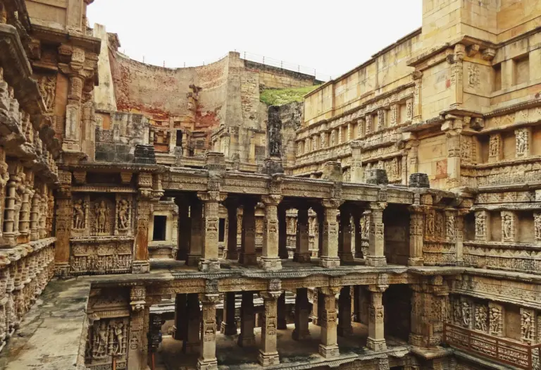 Tiers of carved, pillared galleries descending into the Rani ki Vav stepwell at Patan, Gujarat