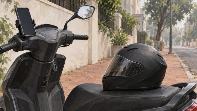 Illustrative unbranded scooter helmet and phone beside a scooter handlebar