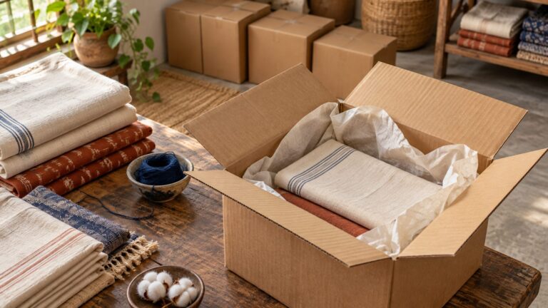 Folded cotton textiles in an open plain shipping carton