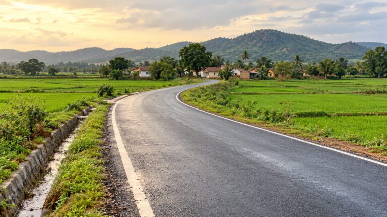 Illustrative rural road between cultivated fields leading toward a village