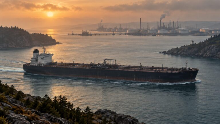 Unmarked oil tanker passing a coastal refinery