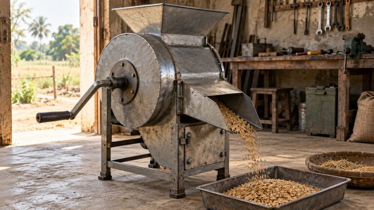 Illustrative rural grain-processing apparatus with accessible components in a local fabrication workshop