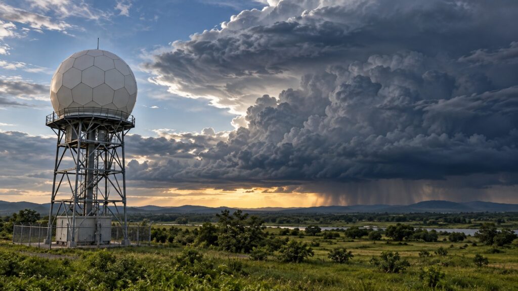 Illustrative weather-radar installation beneath developing storm clouds; not a photograph of the Sambalpur facility.
