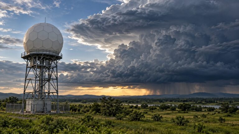 Illustrative weather-radar installation beneath developing storm clouds; not a photograph of the Sambalpur facility.