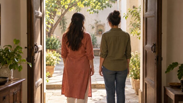 Conceptual illustration of two adult women viewed from behind at a sunlit home doorway