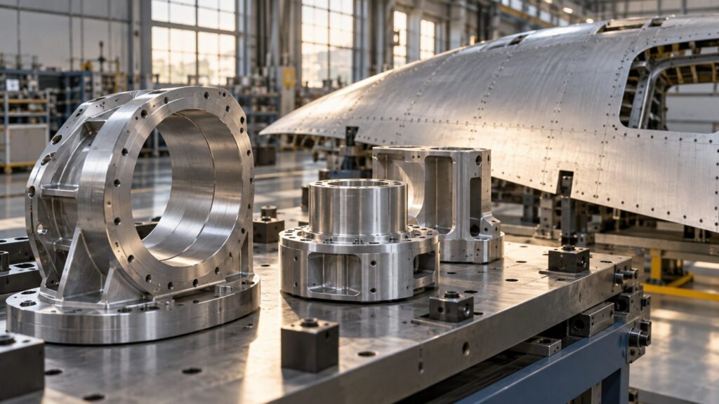 Machined metal components and an airframe panel in an aerospace workshop
