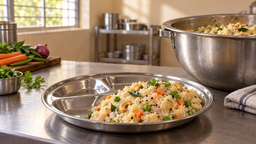 Illustrative plate of vegetable upma beside a cooking vessel in a school-style kitchen