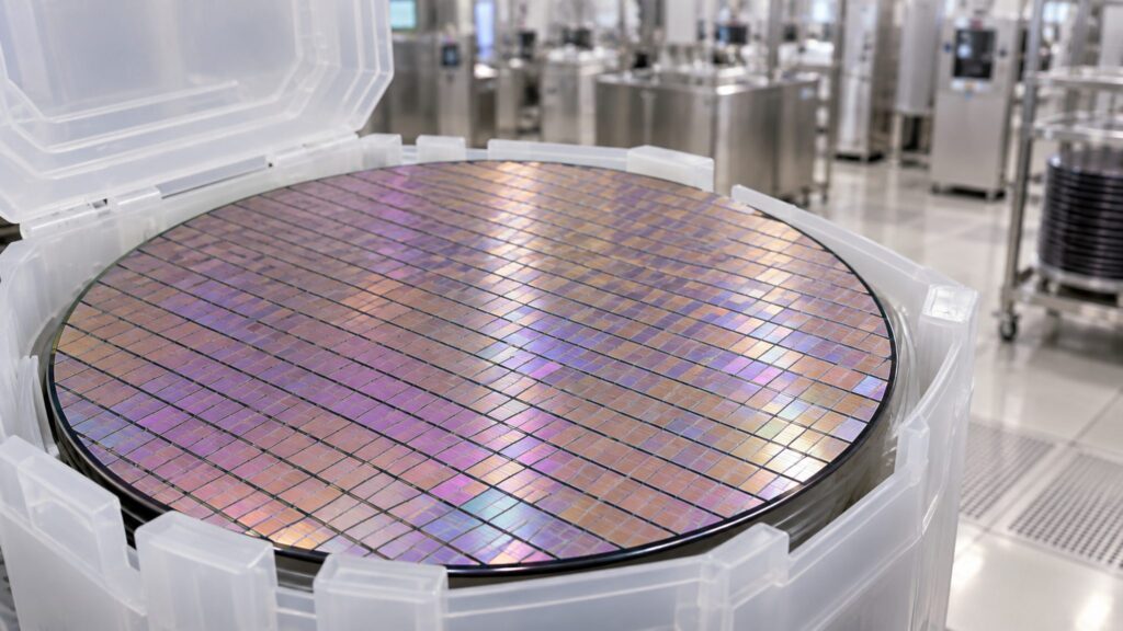 Illustrative silicon wafer in a carrier with softly blurred semiconductor cleanroom equipment