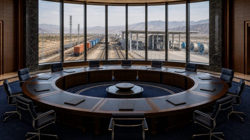 Empty multilateral summit chamber with agreement folders and secure transport infrastructure