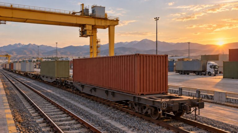 Illustrative freight container on a rail flatcar at an intermodal cargo terminal