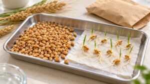 Wheat grains and germinating seeds on a paper-lined testing tray