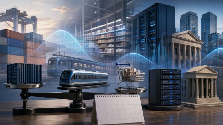 Conceptual view of transport, retail, digital, financial and property services being measured in a monthly production index