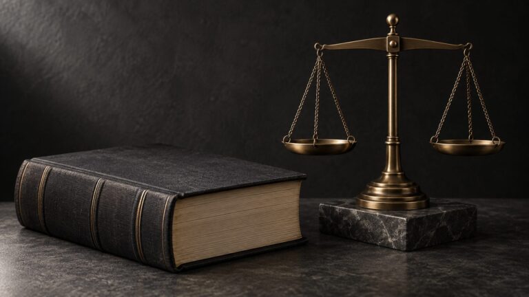 Unlettered law book beside a balance scale