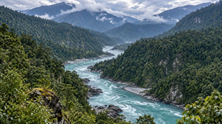A river flowing between steep forested Himalayan slopes