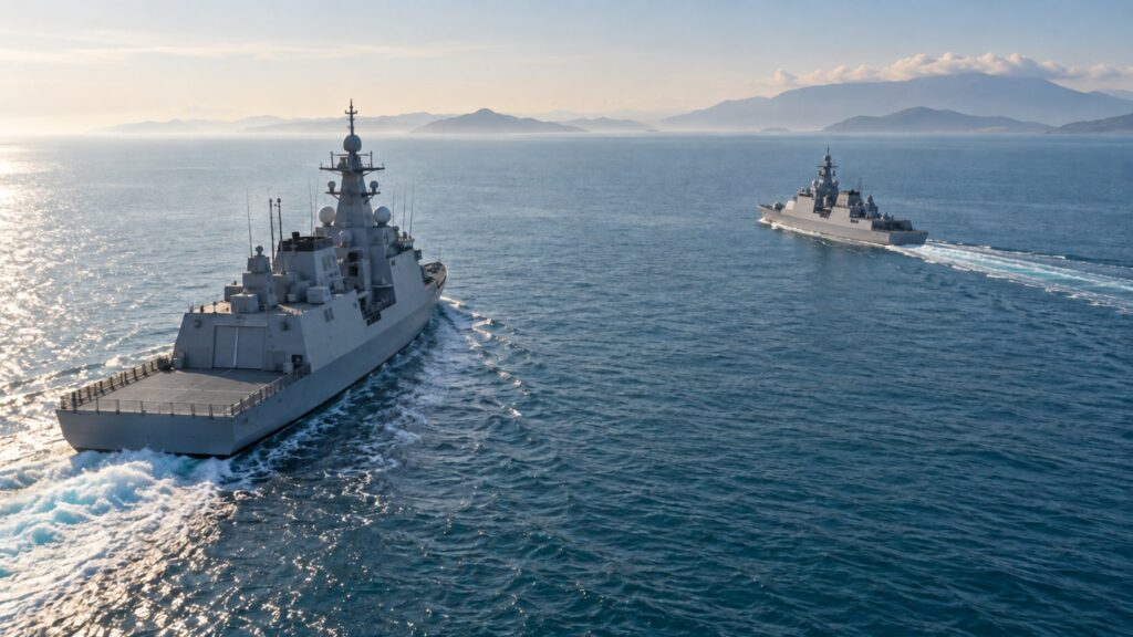 Illustrative generic naval vessels travelling at sea