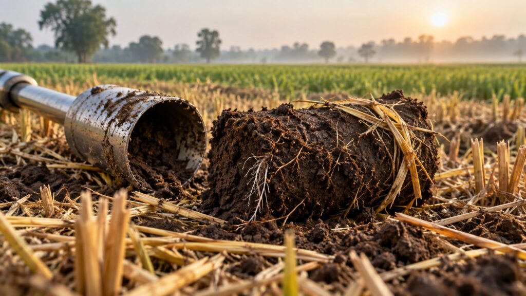 A soil-sampling corer, rooted soil core and retained crop residue in an illustrative farm scene.