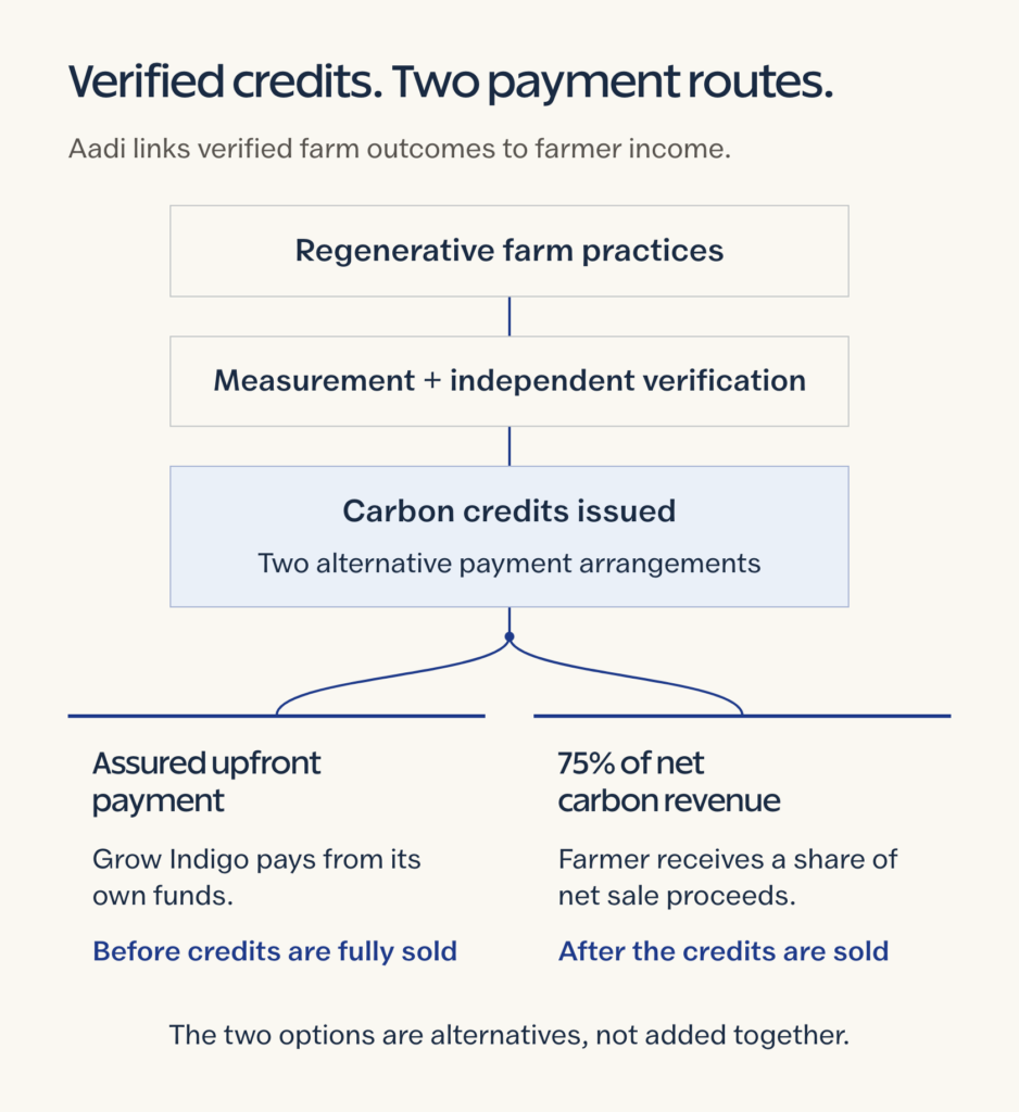 Aadi payment sequence: farm practices, measurement and independent verification, issued credits, then a choice between an own-fund upfront payment before full sale and 75% of net revenue after sale.
