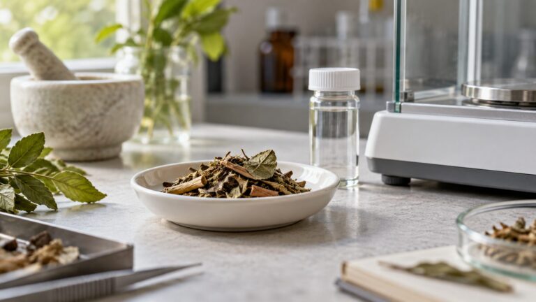 Illustrative botanical sample beside laboratory testing equipment