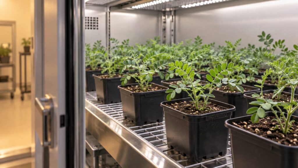 Illustrative crop seedlings growing in pots inside a controlled-environment chamber
