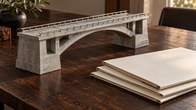 Conceptual bridge model beside plain budget folders representing infrastructure financing