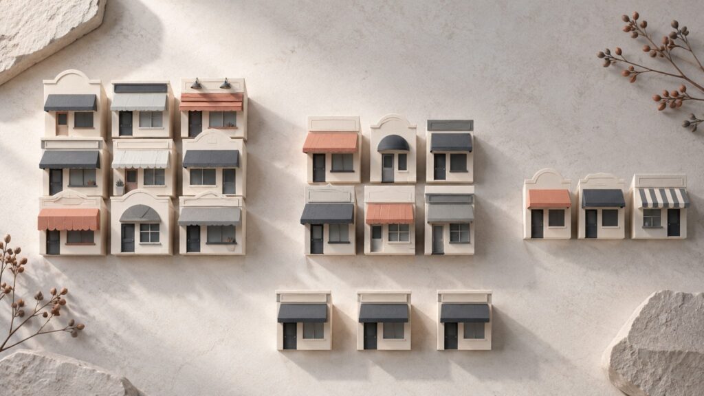 Conceptual miniature paper shopfronts grouped to represent business units in a statistical register.