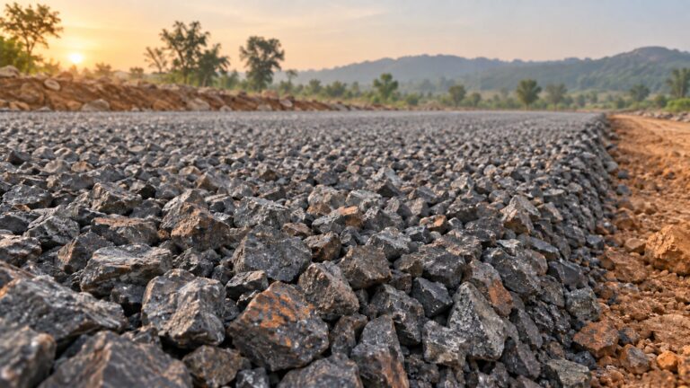 Illustrative processed steel-slag aggregate forming a road base in warm morning light