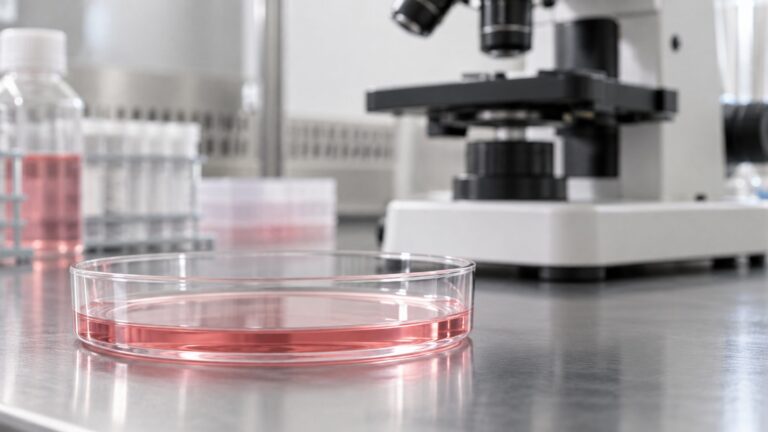 Cell-culture dish with pale medium and a microscope in a laboratory
