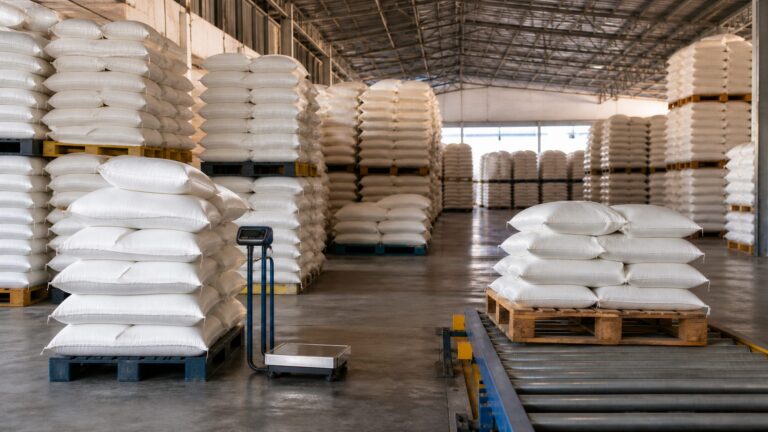 Sugar sacks arranged in regulated inventory lots inside a wholesale warehouse