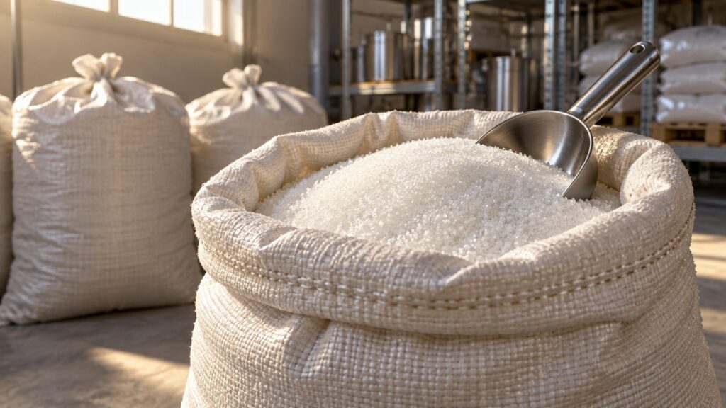 Illustrative open sack of granulated sugar with a scoop in an industrial ingredient store