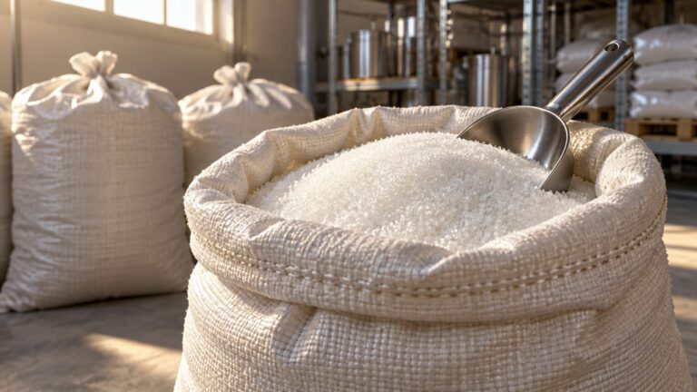 Illustrative open sack of granulated sugar with a scoop in an industrial ingredient store