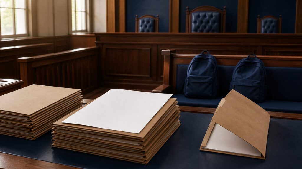 Closed case folders and student backpacks in a courtroom symbolizing the Supreme Court's NEET protest FIR order