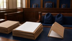 Closed case folders and student backpacks in a courtroom symbolizing the Supreme Court's NEET protest FIR order