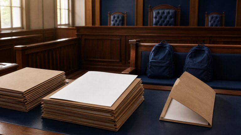 Closed case folders and student backpacks in a courtroom symbolizing the Supreme Court's NEET protest FIR order