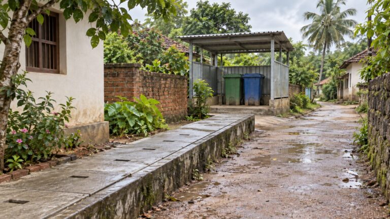 Covered village drainage channel beside a waste-collection shelter